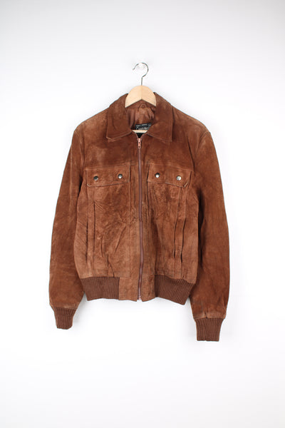 Vintage 1970's brown suede bomber jacket by Chalenger features full zip and multiple pockets 