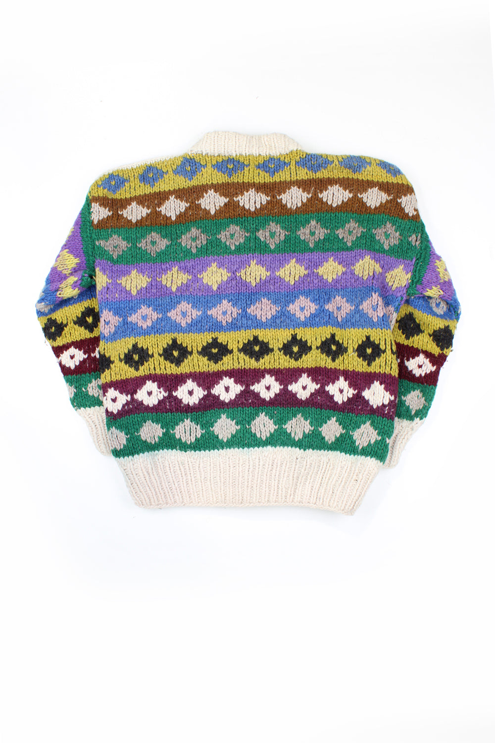 Vintage chunky knit cardigan in cream/ multicolored design. 100% wool, closes with wooden buttons. good condition Size in Label: No Size - Would estimate a UK womens 12 (L)