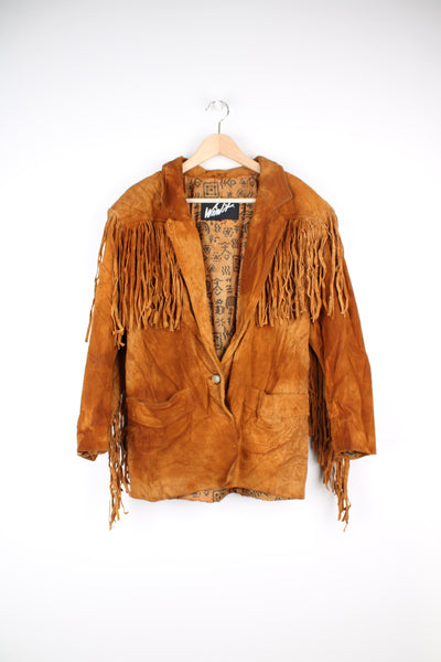 Vintage 80's blazer style suede jacket with fringe across the arms, back and chest. Fully lined with one button to close. good condition - creases to the suede in places and some discolouration (see photos) Size in Label: No Size - Measures like a Mens S