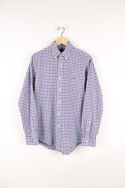 Vintage Ralph Lauren button up shirt, white, red and blue colourway, has the logo embroidered on the chest. 