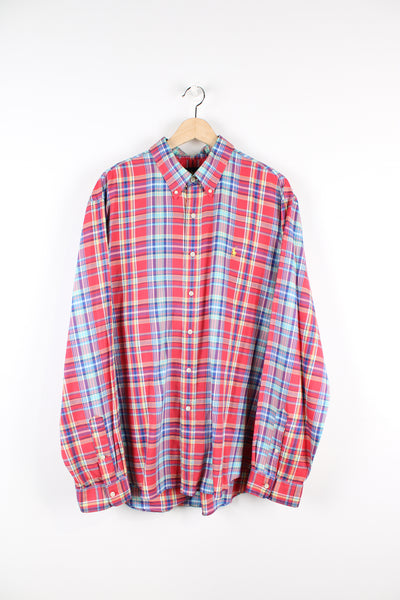 Vintage Ralph Lauren button up shirt, red, blue and yellow colourway, has the logo embroidered on the chest. 