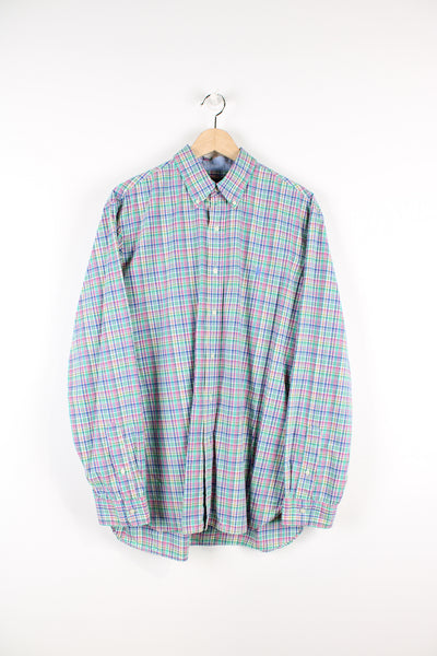 Vintage Ralph Lauren button up shirt, green, white, pink and blue colourway, has the logo embroidered on the chest. 