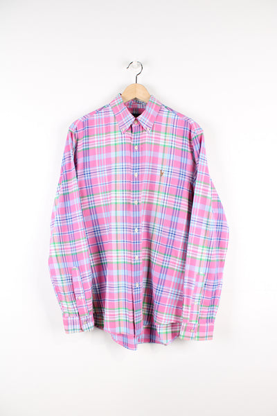 Vintage Ralph Lauren button up shirt, pink, blue, green and white colourway, has the logo embroidered on the chest. 