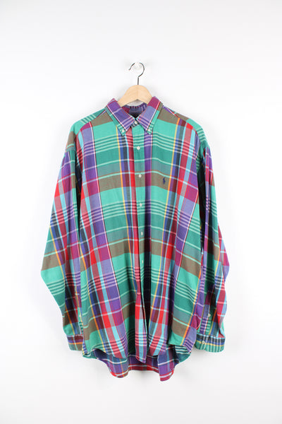 Vintage Ralph Lauren button up shirt, green, purple and red colourway, has the logo embroidered on the chest. 