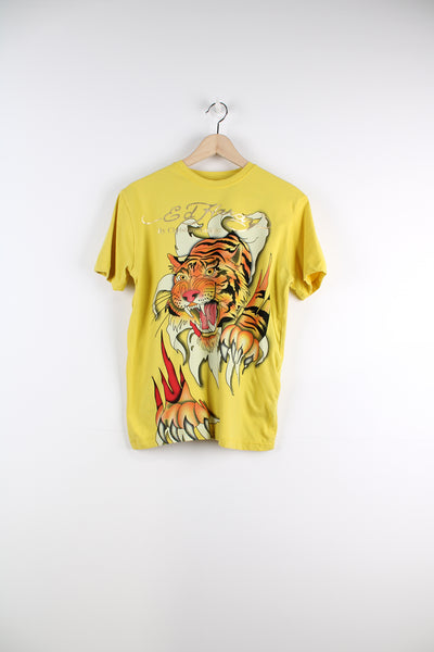 Ed Hardy Graphic T-Shirt in a yellow colourway, has big tiger graphic design printed on the front, as well as logos on the back.
