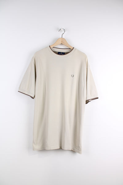 Fred Perry T-Shirt in a tan and brown colourway, crewneck with logo embroidered on the chest.