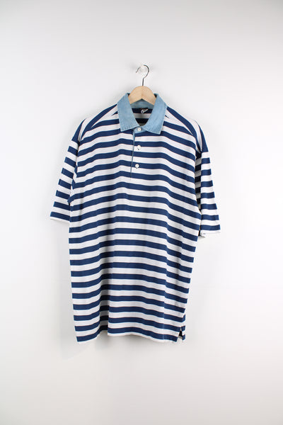 Paul & Shark Polo Shirt in a blue and white striped colourway with a denim collar and 1/4 button up.