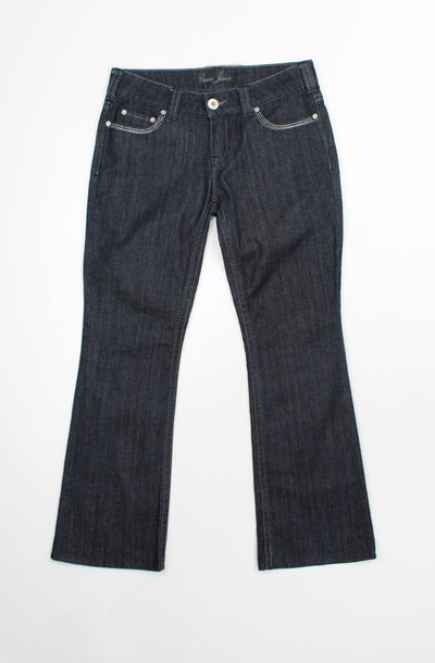 Dark blue Y2K Guess jeans. Low rise bootcut fit with rhinestone detail on the pockets. 