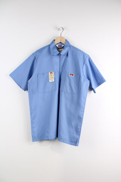 Ben Davis Short Sleeved Workwear Shirt in a light blue colourway, brand new with tags, half zip up, double chest pockets, and logo embroidered on the front.