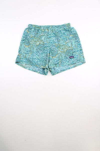 Blue patterned Patagonia shorts with elasticated drawstring waist. Features embroidered logo