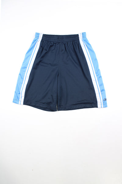 Navy blue Reebok basketball shorts with elasticated waist and drawstring. Features embroidered logo on the leg.