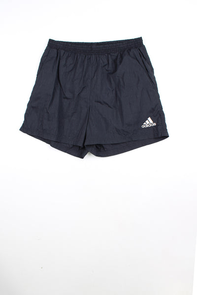 00's black Adidas sports shorts with elasticated waist and drawstring tie. Features white three stripe detail down the sides and has an embroidered logo on the front leg and printed logo on the back.