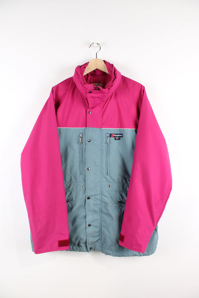 Vintage Berghaus Gemini GTX pink and grey zip through jacket, features multiple zip up pockets and foldaway hood