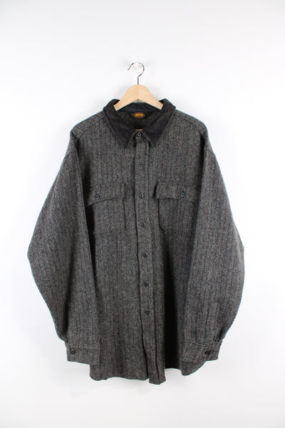 Vintage Woolrich Classics wool jacket in a grey, black and red striped colourway, has a dark brown corduroy collar, button up with double chest pockets.