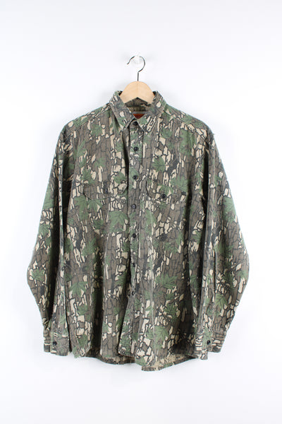 Vintage Camo shirt, brown tan, green and black colourway, button up with double chest pockets.