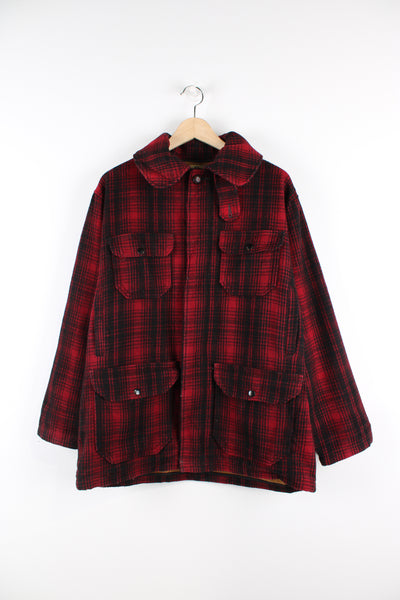Vintage 80's Woolrich red & black plaid wool button up CPO jacket with multiple pockets.