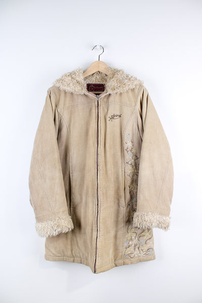 Vintage Animal y2k tanned corduroy jacket, zip up with two side pockets, hooded, fake fur lining, embroidered logo and floral pattern.