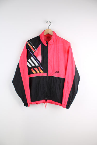 Vintage 90's neon pink and black Asics zip through nylon track top with embroidered logo on the chest 