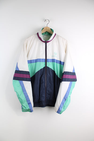 Vintage 90s Sergio Tacchini blue, white and green shell jacket, features embroidered logo on the chest