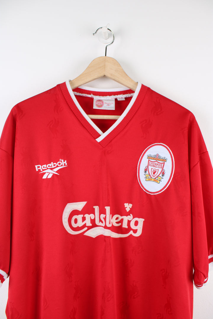 Vintage Liverpool Reebok Home kit 1996/98, Carlsberg sponsor, v neck, red team colourway with embroidered logos on the front.