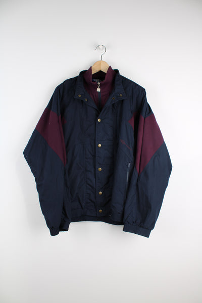 Vintage Umbro 'Active Sportswear' navy and maroon cotton leisure jacket, features both button up and zip up fastening, embroidered logo on the chest and back of shoulders 