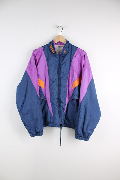 Vintage 80's Asics purple, blue and orange Gore-Tex zip through track jacket features embroidered logos on the collar, zip up pockets and vents