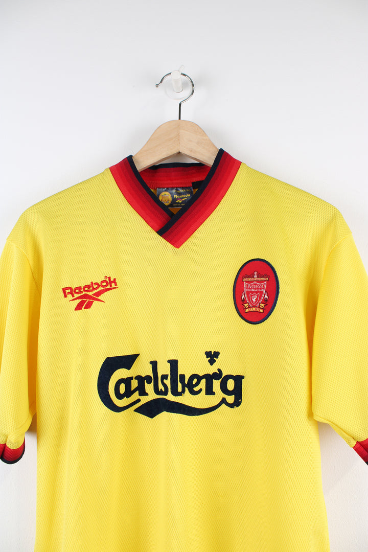 Vintage Liverpool 1997/99 Reebok away football shirt, yellow colourway with embroidered logos on the front