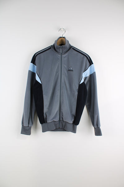 90's Adidas grey velour zip through track top, features embroidered logo on the chest and three stripes