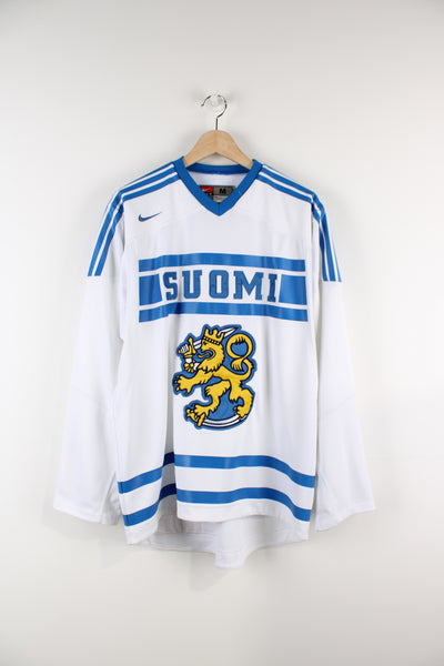 Vintage Finland Suomi Nike hockey jersey, white and blue team colourway with embroidered logos.