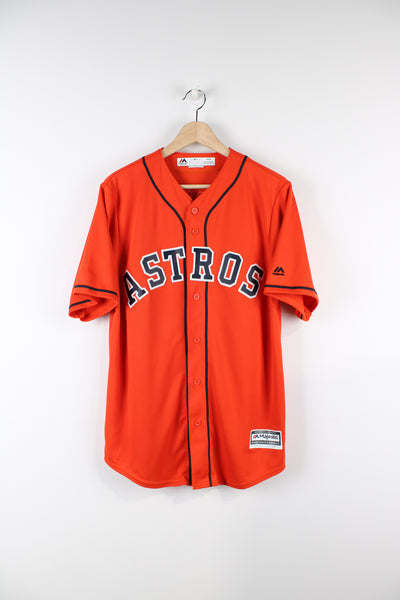 Vintage Houston Astros Majestic jersey in orange and black team colours, Usher #5 kit, button up with Astros spell-out across the front and embroidered logos.