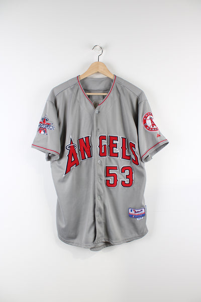Vintage Los Angeles Angels all star game Majestic jersey in grey and red team colours, Abreu #53 kit, button up with Angles spell-out across the front and embroidered logos.