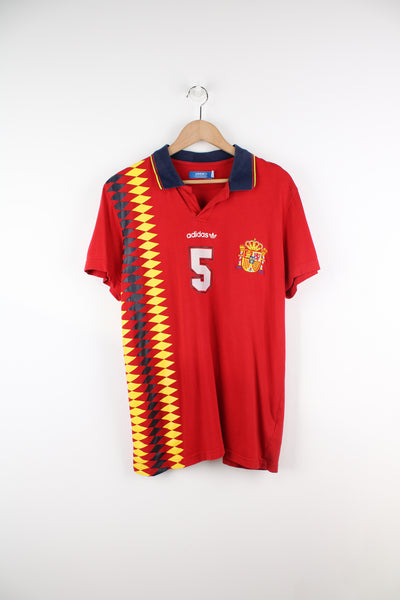 Vintage Spain 1994/96, Adidas Home Football Shirt in a red, yellow and blue team colourway, 100% cotton, V-neck, and has logos printed on the front and back.