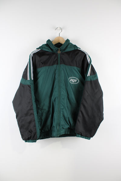 Vintage New York Jets NFL pro sport jacket, green, black and white colourway, zip up, hooded, quilted lining, has embroidered logo on the front and back on the jacket. 