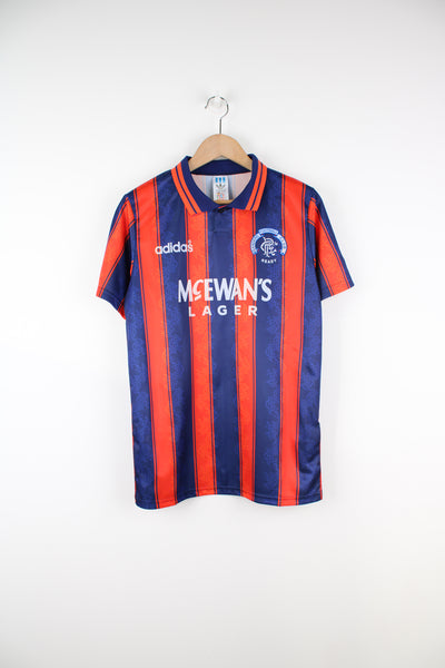 Vintage Rangers 1993/94, Adidas Football Kit in a blue and orange colourway, button up collar, and has logos printed on the front.