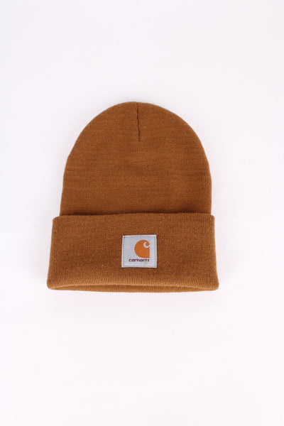 Carhartt brown beanie, cuffed with embroidered logo on the front. 