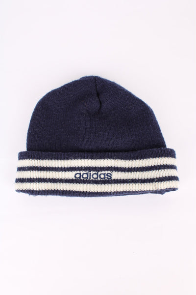 Vintage Adidas knitted beanie, blue and white colourway, striped, cuffed with embroidered logo on the front.