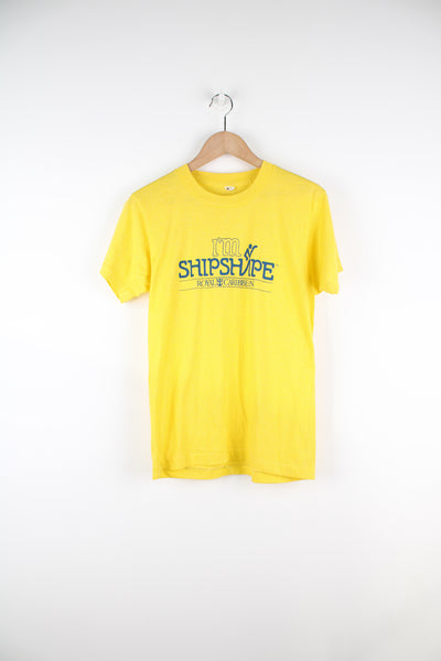80's Royal Caribbean yellow single stitch t-shirt, made in the USA with spell-out graphic 'I'm shipshape' on the front  