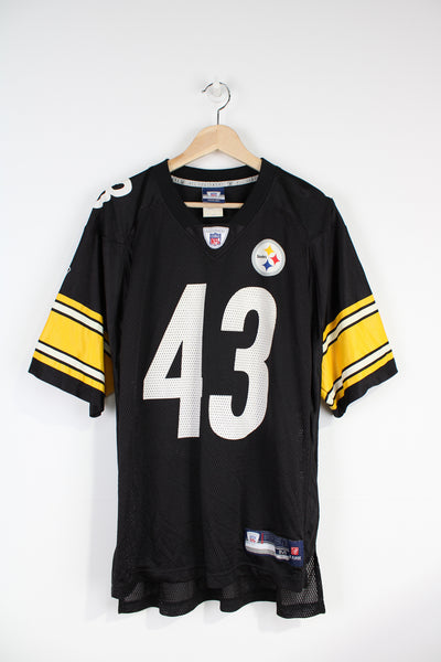 Troy Polamlu #43 Pittsburgh Steelers NFL jersey in black, by Reebok. With printed lettering