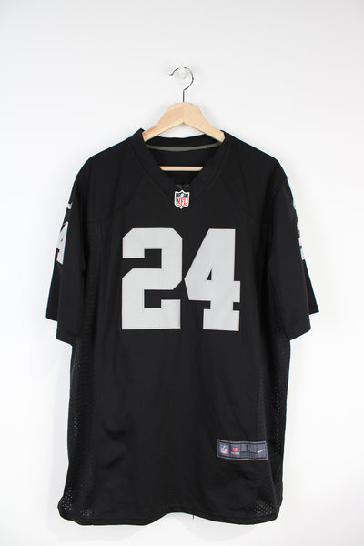 Marshawn Lynch #24 Oakland Raiders NFL jersey in black, by Nike. With embroidered lettering and badges