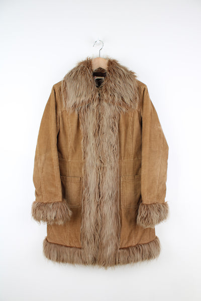 Y2K Miss Selfridge brown corduroy coat with faux fur trim on the collar and cuffs 