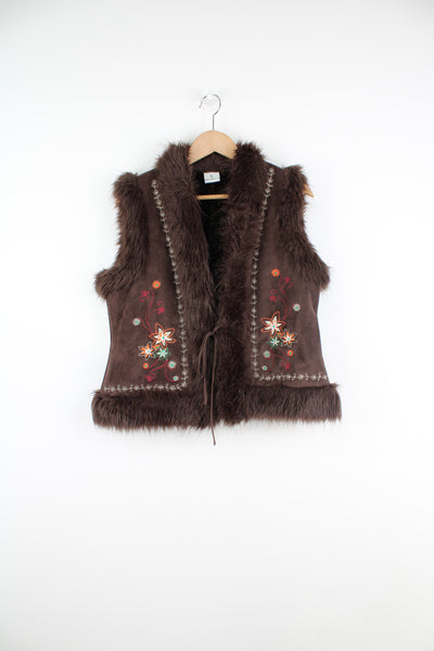Vintage Y2K brown faux suede gilet with faux trim and embroidered flowers, tie closure 