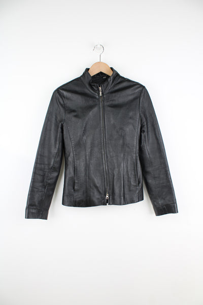 Y2K black zip through racer style leather jacket with double zip and pockets