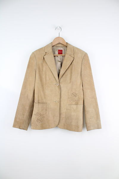 Y2K tan suede blazer jacket by Olsen, features embroidered motif on the hips and pockets 