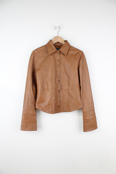 Y2K chocolate brown button up leather blouse/jacket with flared cuffs 
