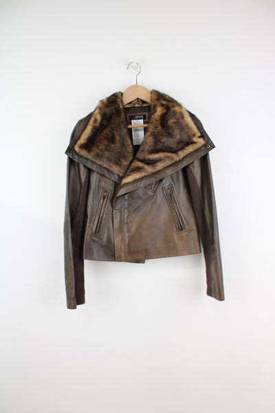 Y2K Morgan De Toi brown faded effect leather biker jacket with faux fur jacket with multiple zip up pockets