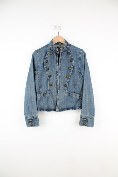 Vintage Y2K Morgan De Toi denim jacket, features military style buttons and fastens with hidden hook and eye 