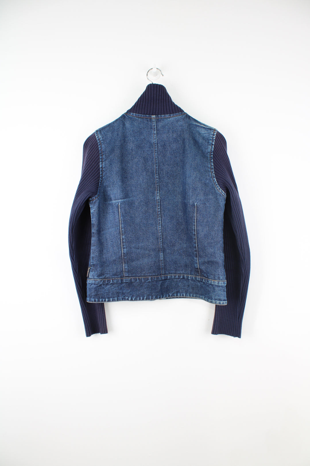Vintage Y2K Kangol zip through denim jacket with cotton knit sleeves and collar features embroidered logo on the chest Vintage Y2K Kangol zip through denim jacket with cotton knit sleeves and collar features embroidered logo on the chest 