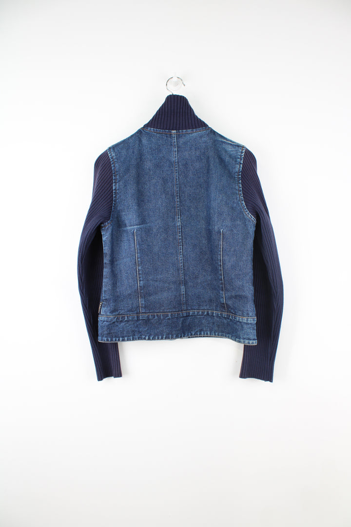 Vintage Y2K Kangol zip through denim jacket with cotton knit sleeves and collar features embroidered logo on the chest Vintage Y2K Kangol zip through denim jacket with cotton knit sleeves and collar features embroidered logo on the chest 