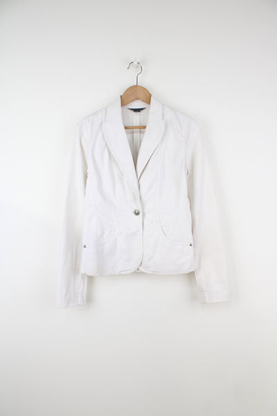Vintage Armani Exchange all white denim blazer jacket, features pleated details on the back and pockets