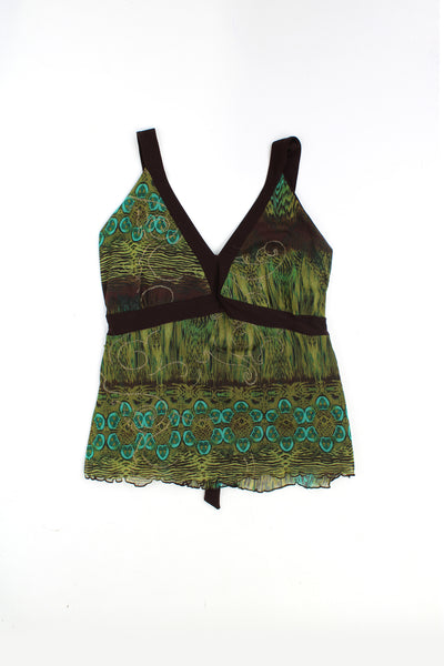 Y2K cami top green abstract print with brown trim and belt and lettuce hem, made from stretch fabric